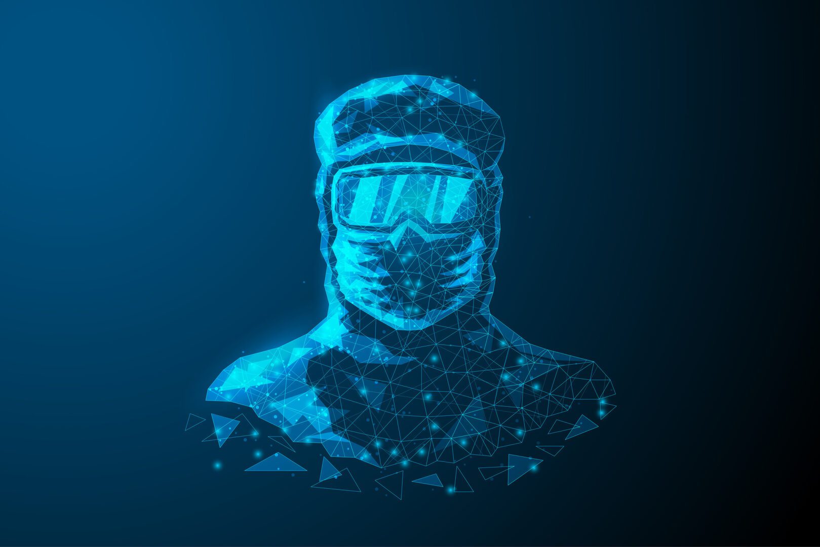 A blue image of a person wearing goggles and a mask.