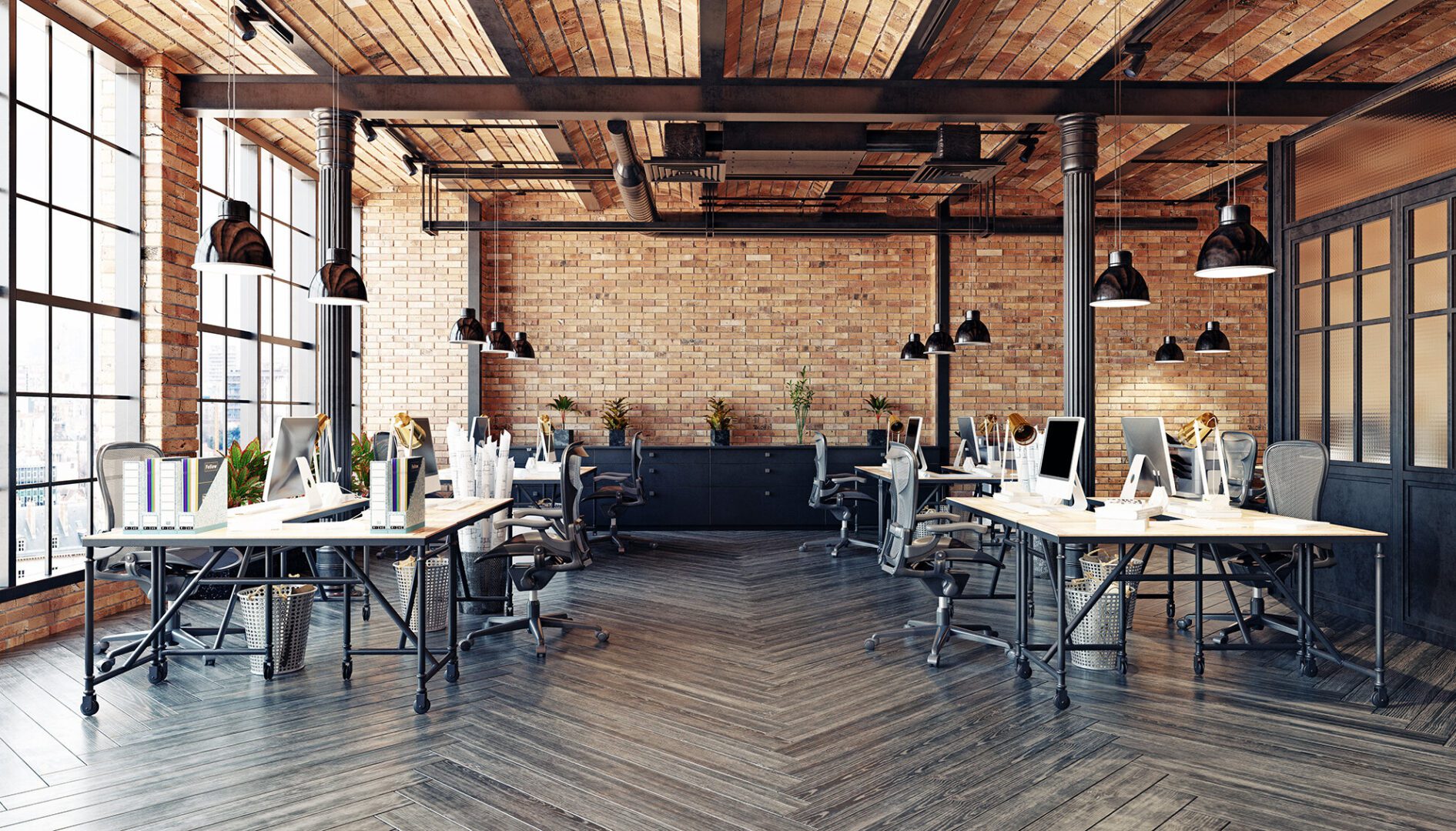 A room with many desks and chairs in it